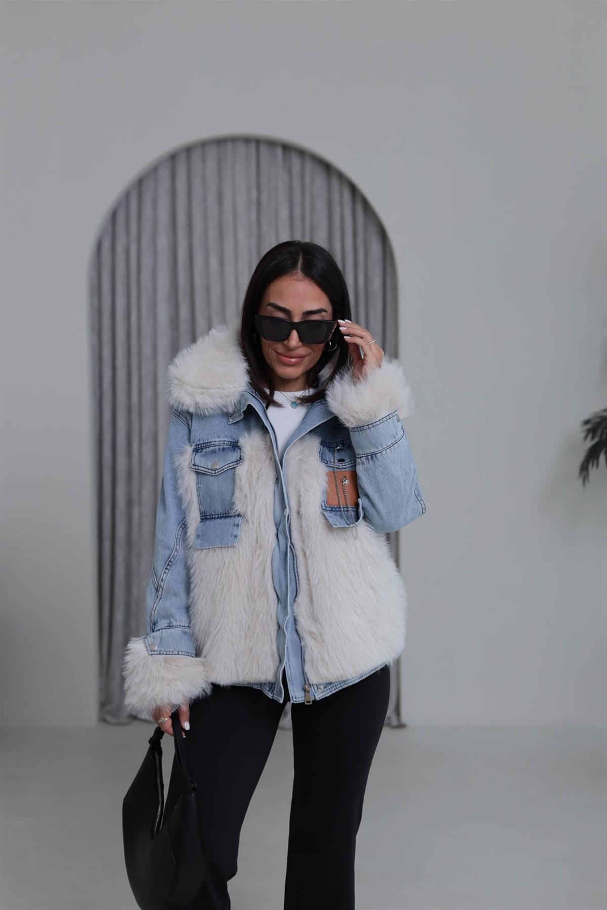 2726 Kürk Garnili Kot Detaylı Mont EKRU