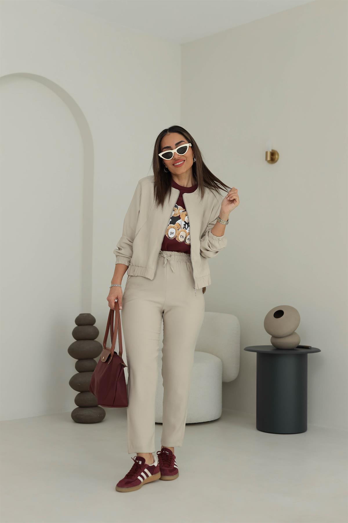 3193 Fermuar Ve Önü Lastik Detaylı Tencel Kumaş Takım TAŞ