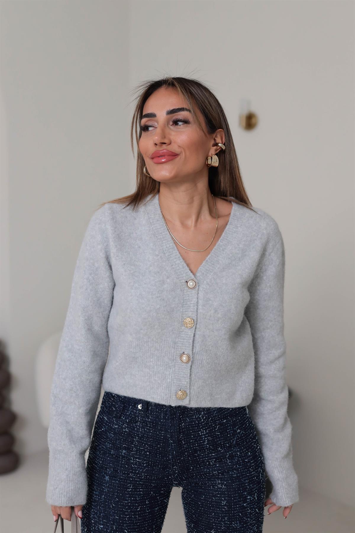 0273 V Yaka Gold Düğme Detaylı Hırka AÇIK GRİ