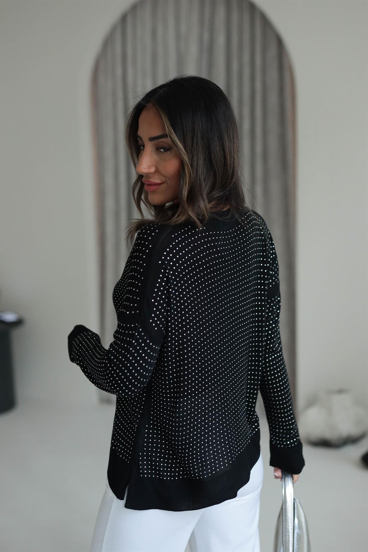 7010 Taşlı Merserize Triko Bluz SİYAH