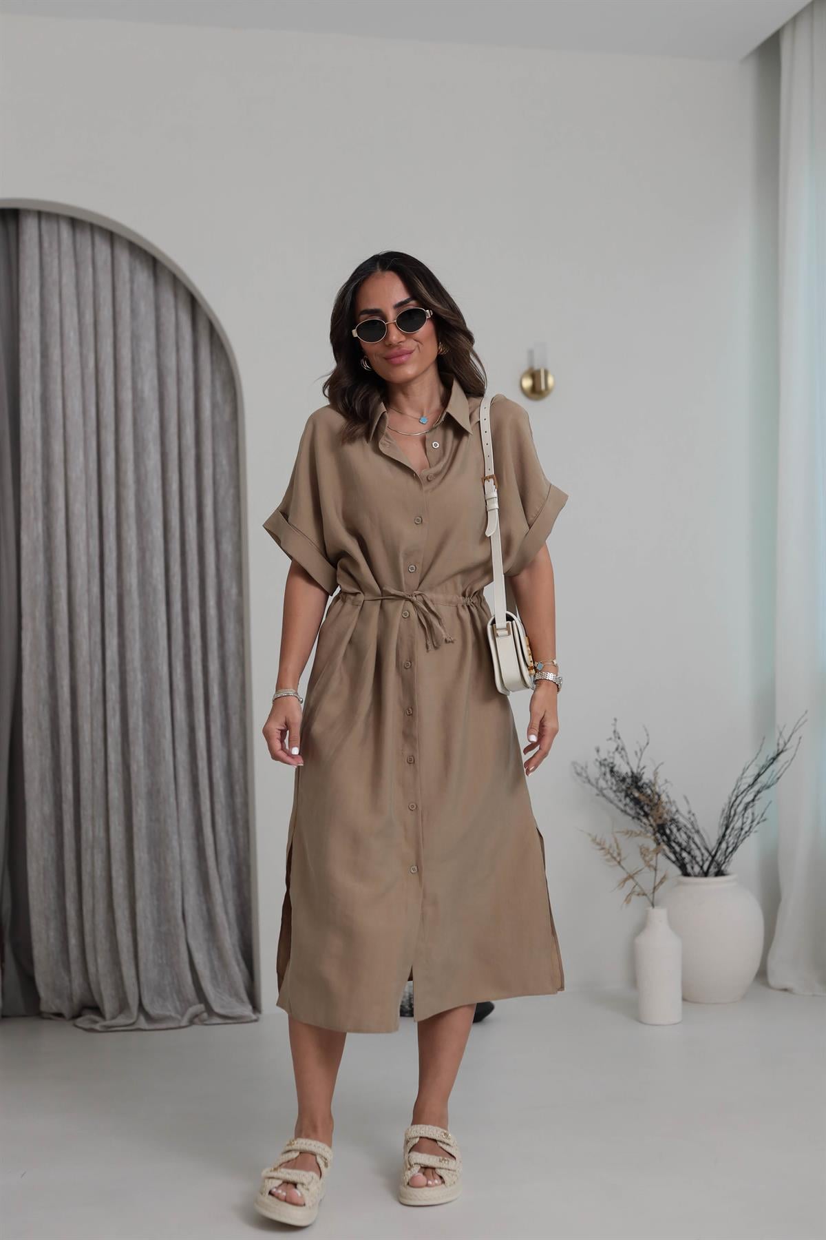 Bel Büzgülü Tencel Gömlek Elbise CAMEL