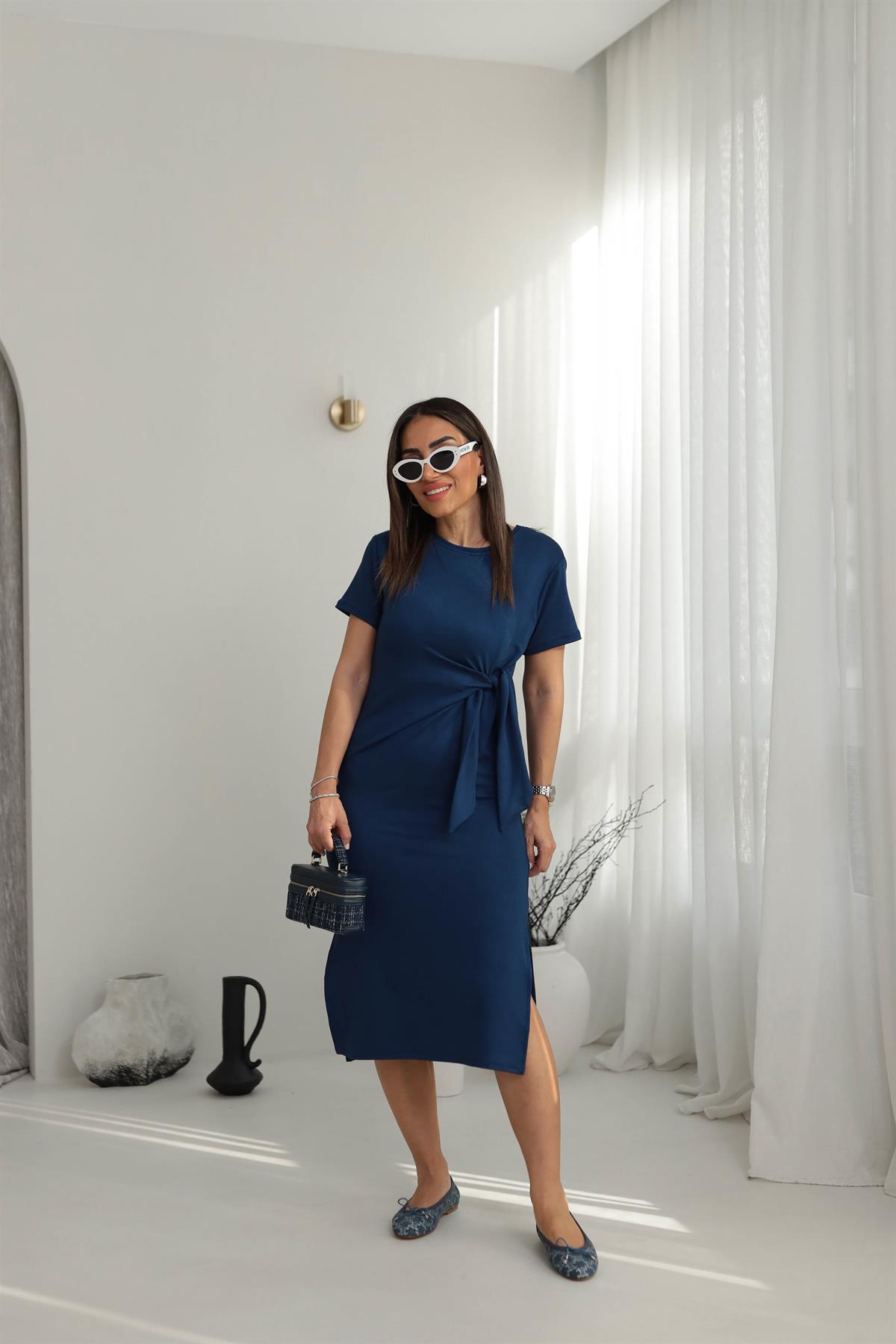 3182 Önden Bağlamalı Yanları Yırtmaçlı Penye Elbise LACİVERT
