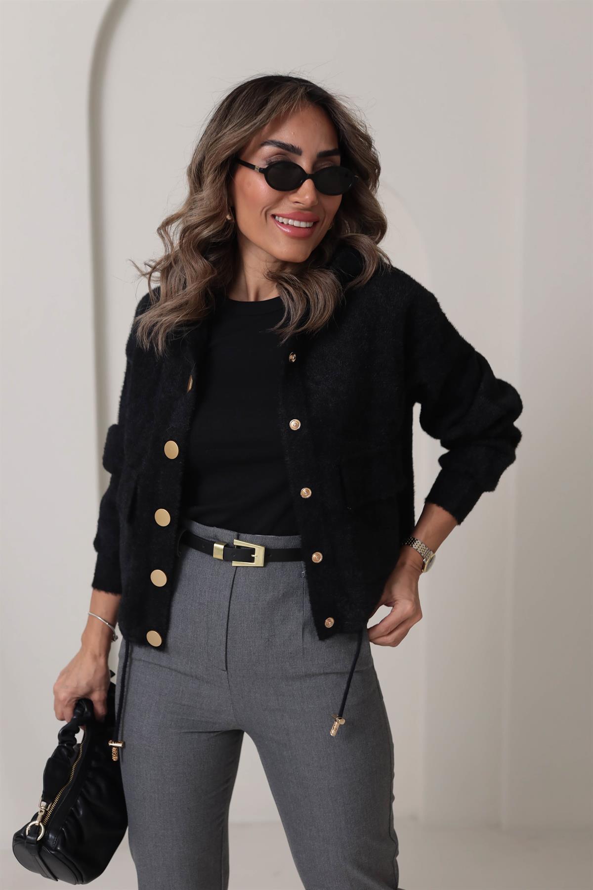 4944 Angora Kapşonlu Gold Düğmeli Hırka SİYAH