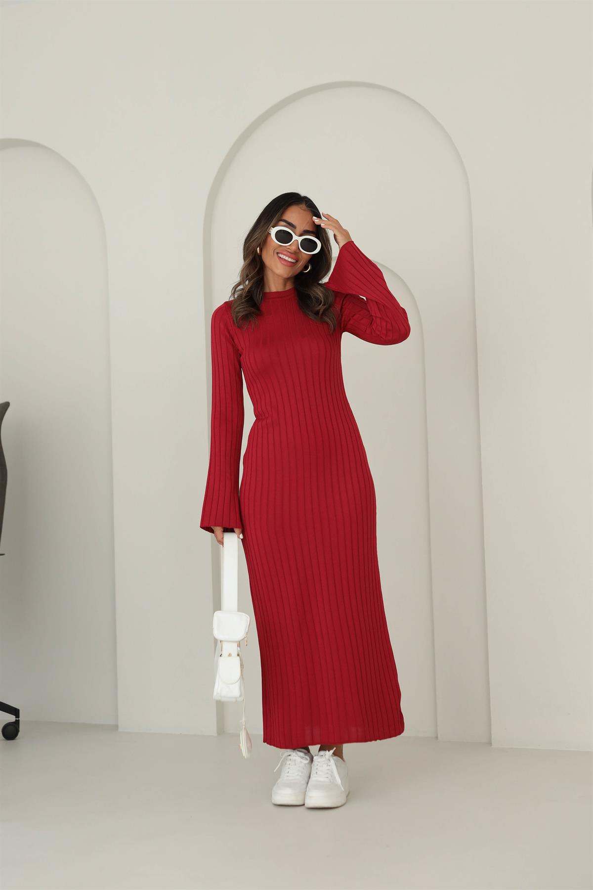 Bisiklet Yaka Fitilli Triko Elbise