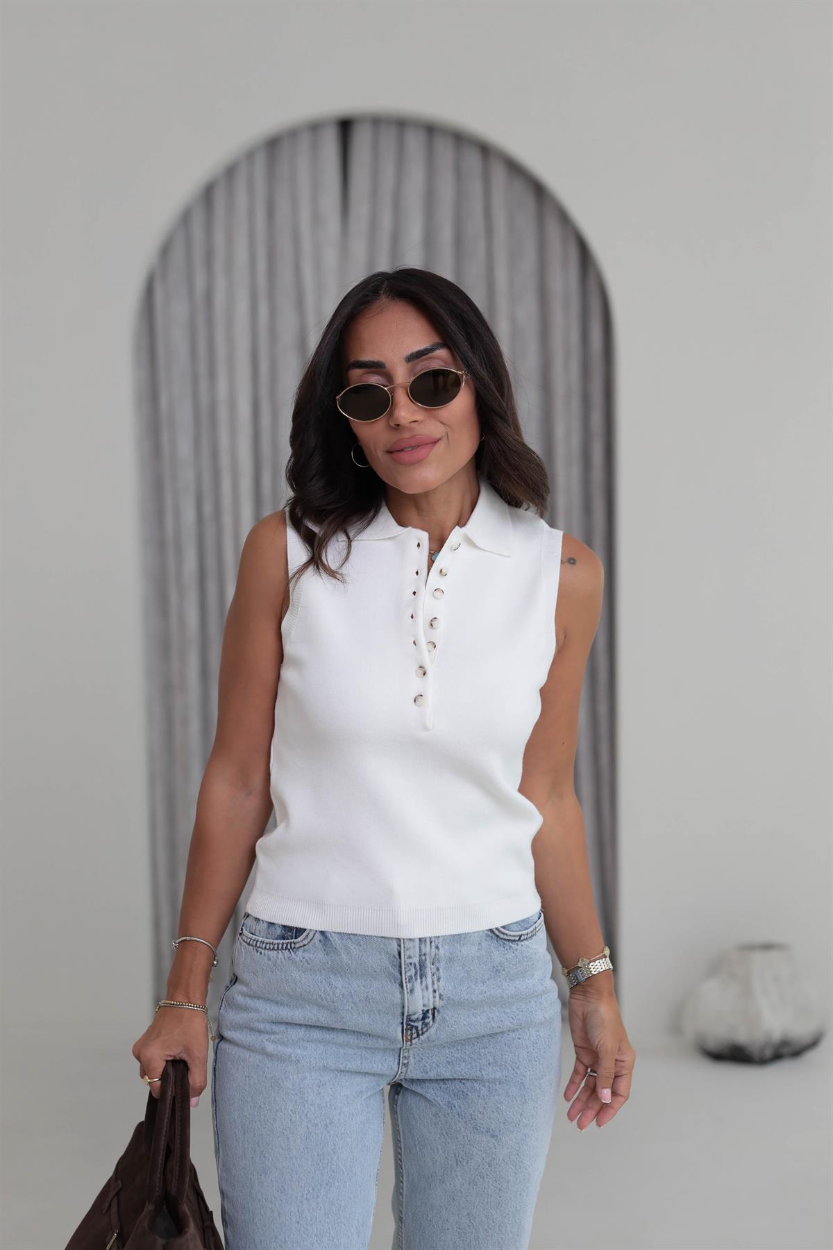 Polo Yaka Yarım Düğmeli Süveter EKRU