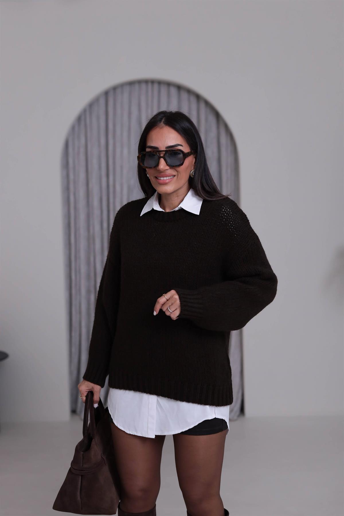 1091 Kalın Örgü Bisiklet Yaka Kazak ACI KAHVE