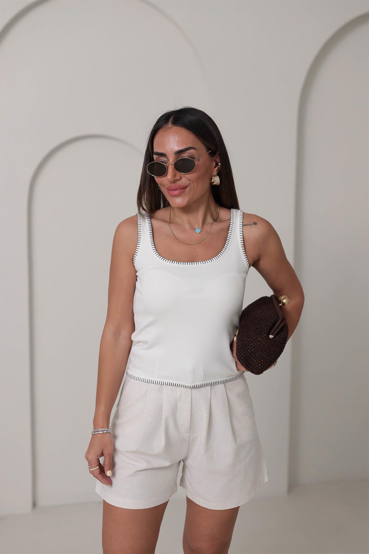 Süs Dikiş Detay İpek Triko Atlet EKRU