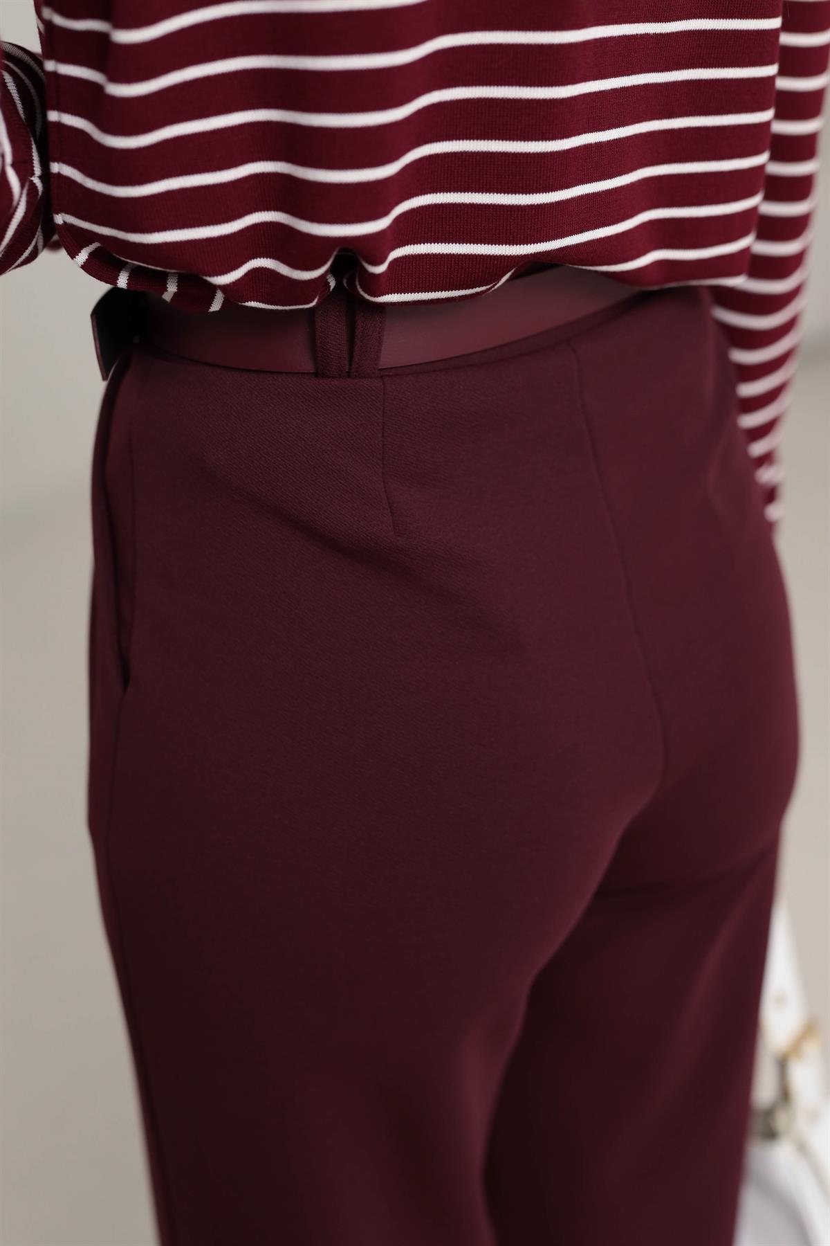 3851 Çift Pile Detaylı Kemerli Palazzo Pantolon BORDO