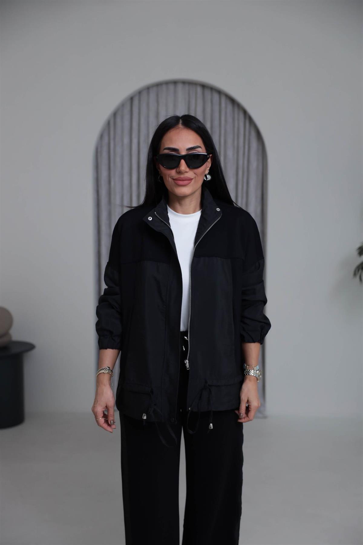 3601 Fermuarlı Büzgülü Paraşüt Garnili Takım SİYAH