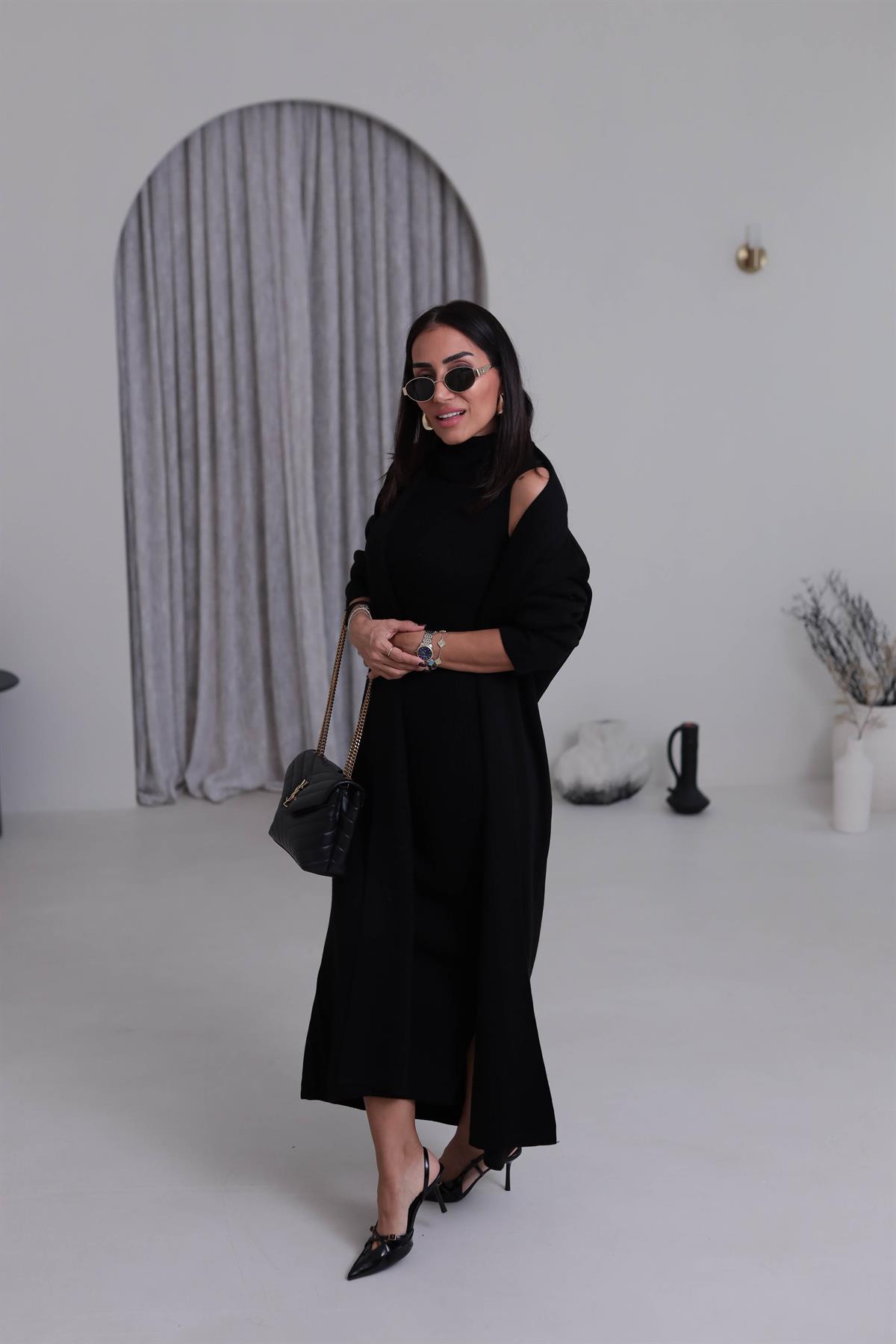 0117 Balıkçı Yaka Sıfır Kol Elbiseli Hırkalı Takım SİYAH