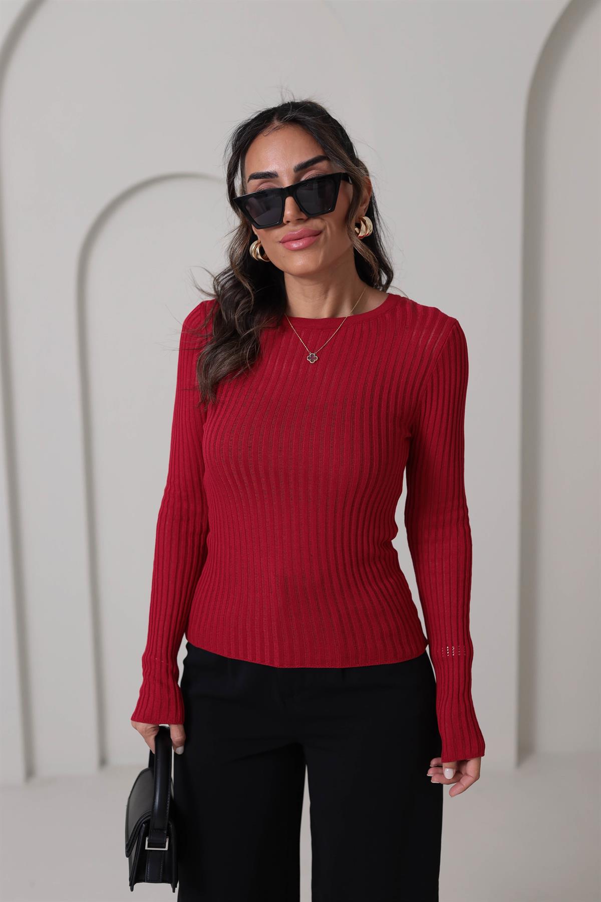 4107 Transparan Detaylı Triko Bluz KIRMIZI