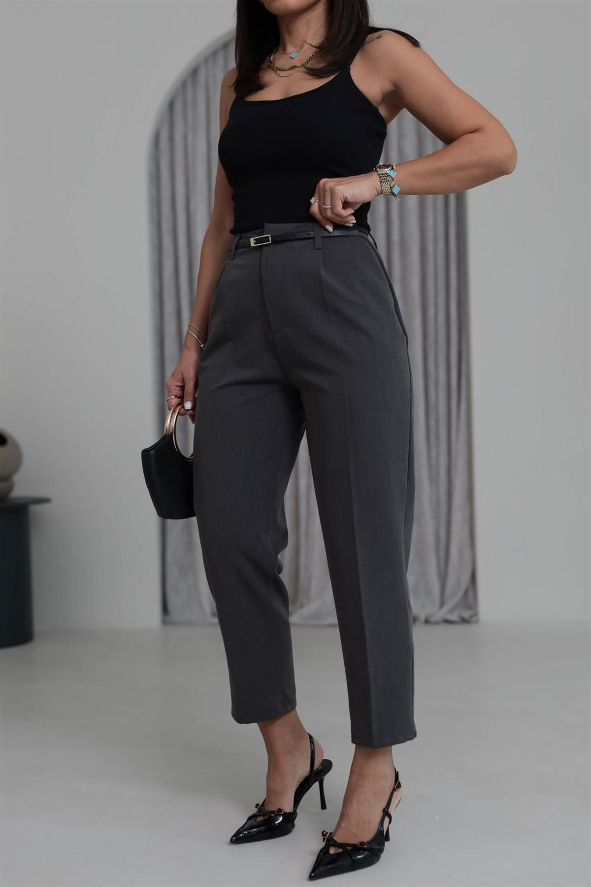 7638 İnce Kemerli Cepli Kumaş Pantolon GRİ