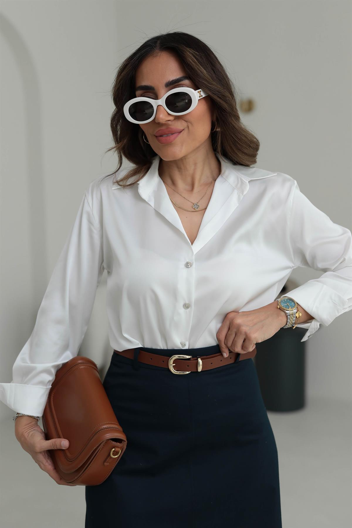 7917 Kolları Manşetli Saten Gömlek EKRU