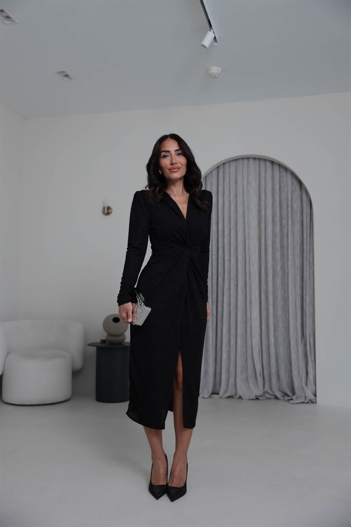 3633 Simli Likralı Düğüm Detay Midi Elbise SİYAH