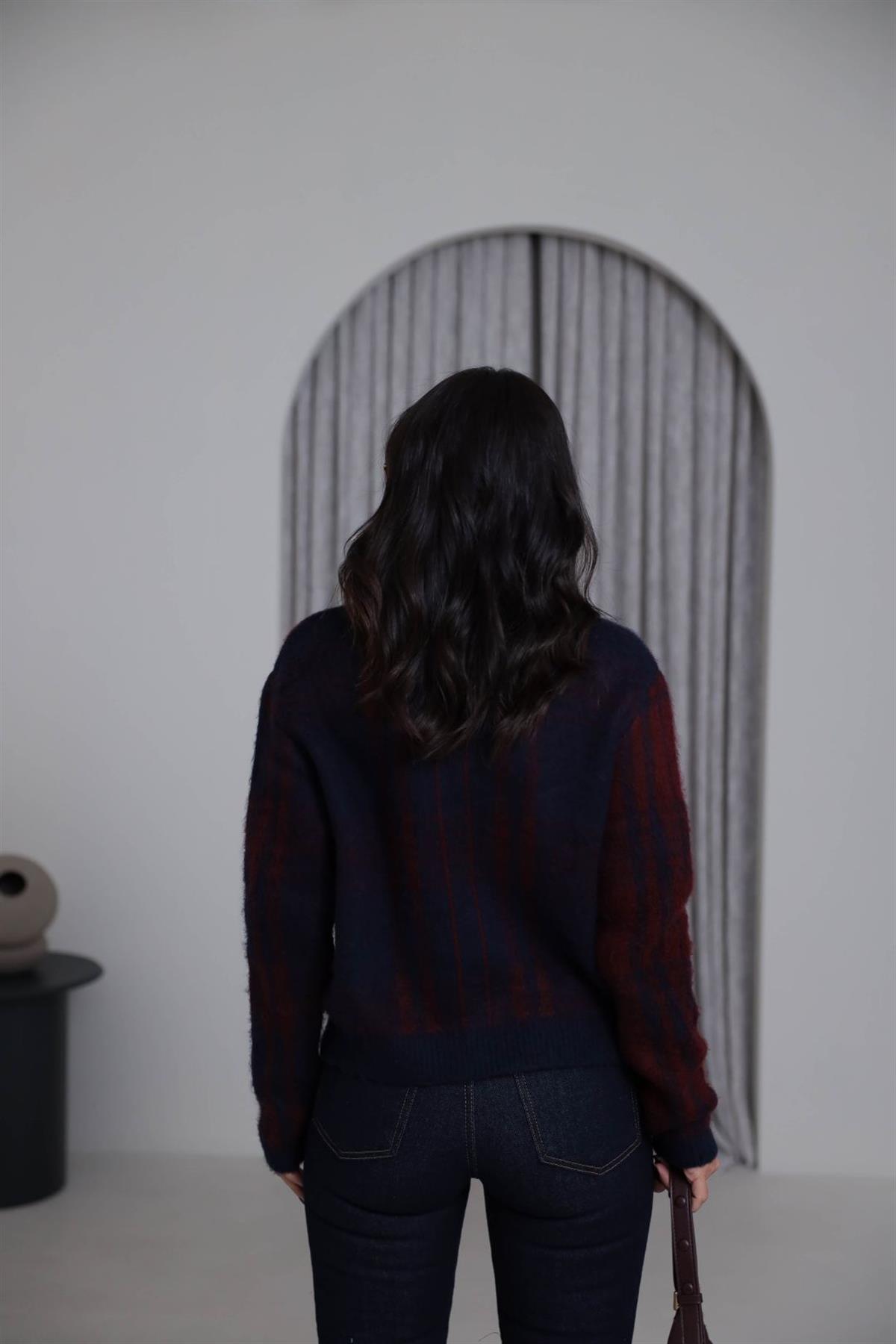 0092 Bisiklet Yaka Kare Desenli Hırka BORDO-LACİ