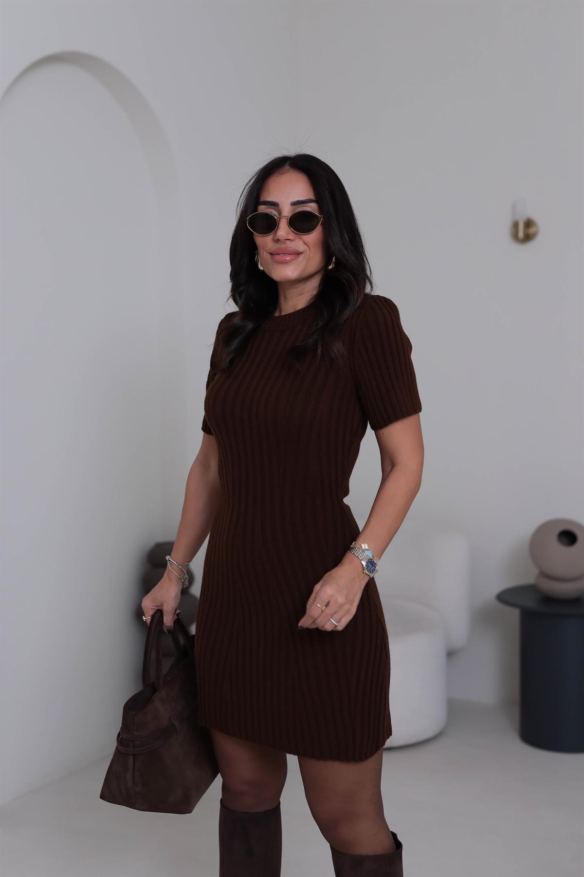 5264 Kısa Kol Triko Elbise KAHVE