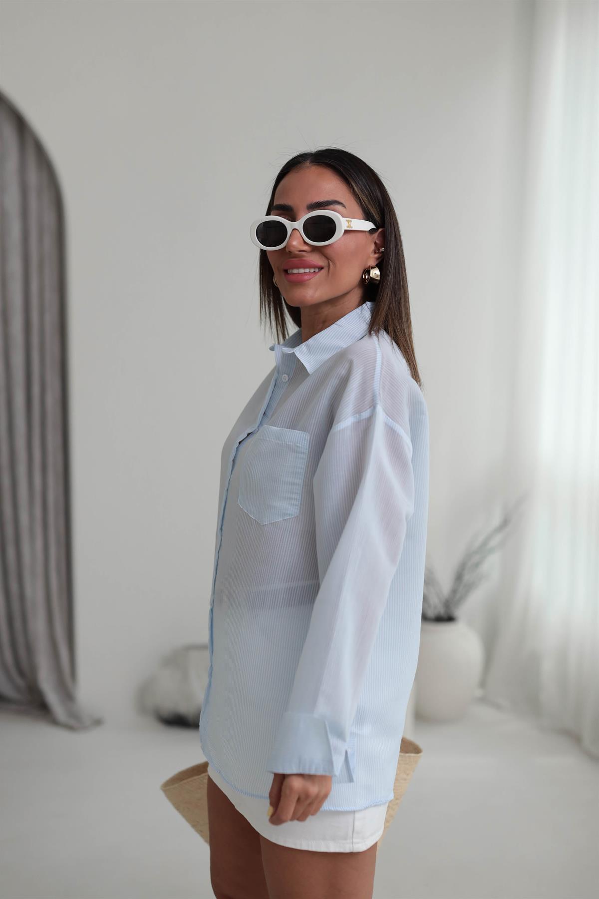 Çizgili İnce Gömlek AÇIK MAVİ