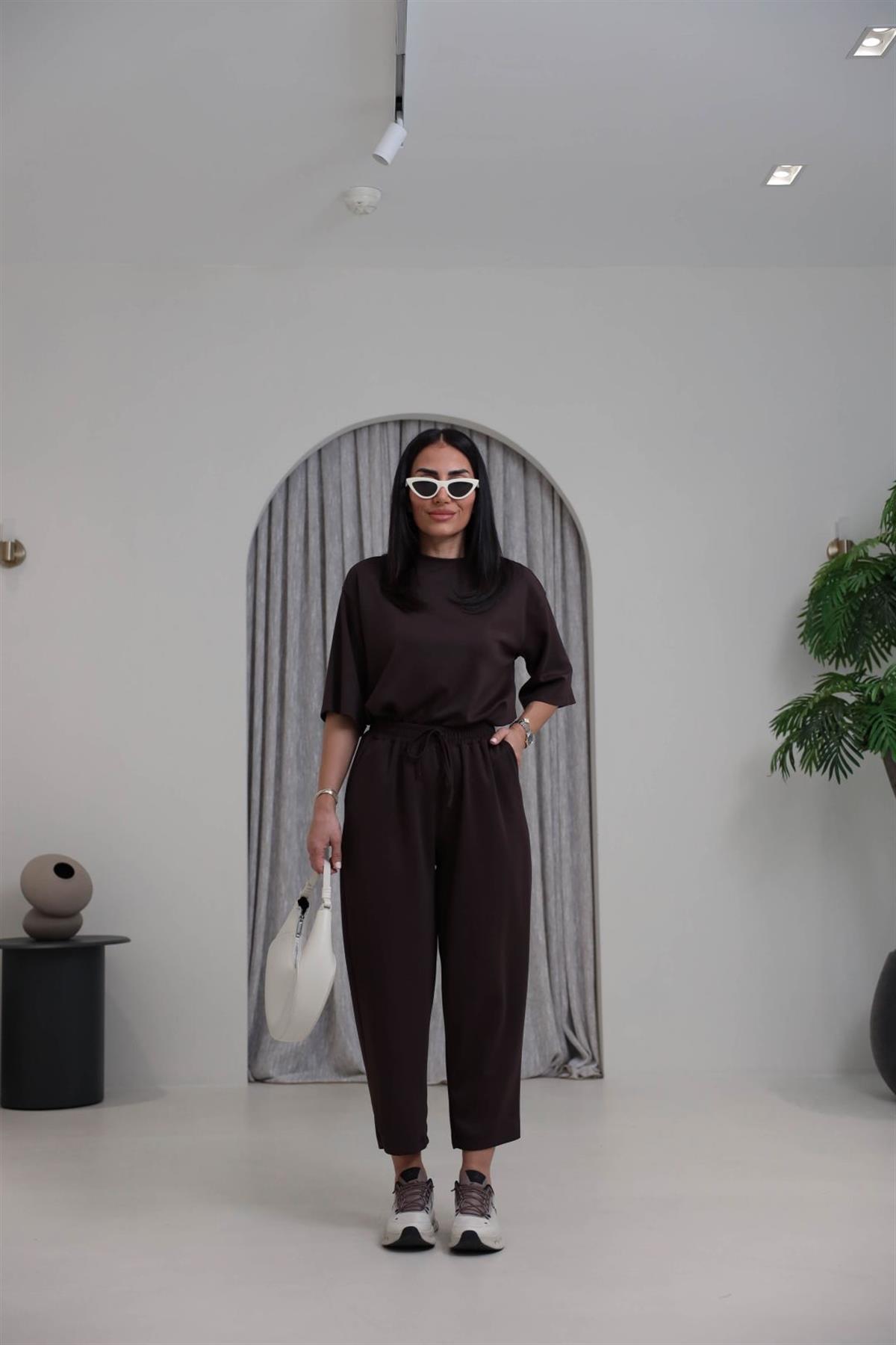 2485 Yanları Yırtmaçlı Kısa Kol Modal Takım ACI KAHVE