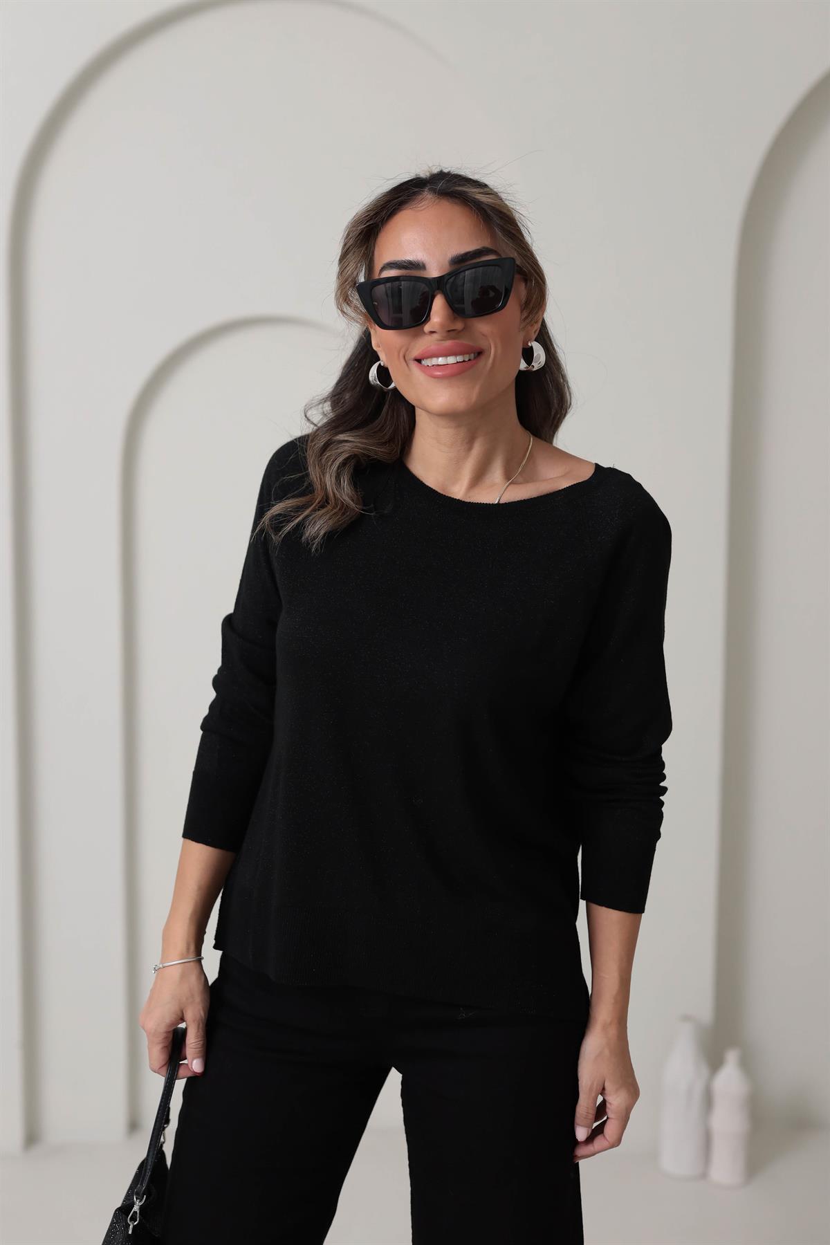 0557 Bisiklet Yaka Simli Basic İnce Triko SİYAH
