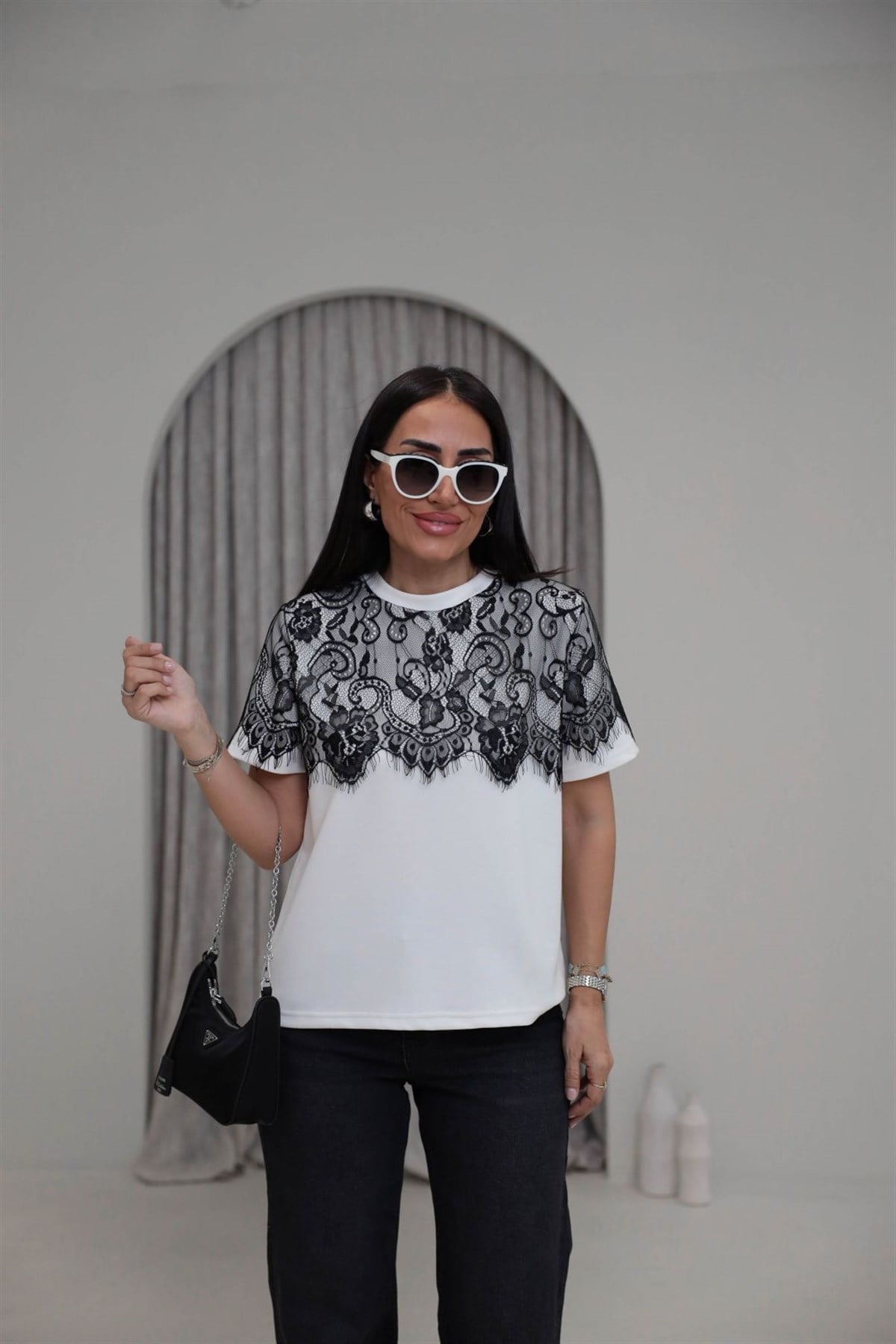 1822 Dantel Garnili Bisiklet Yaka Modal Tshirt EKRU