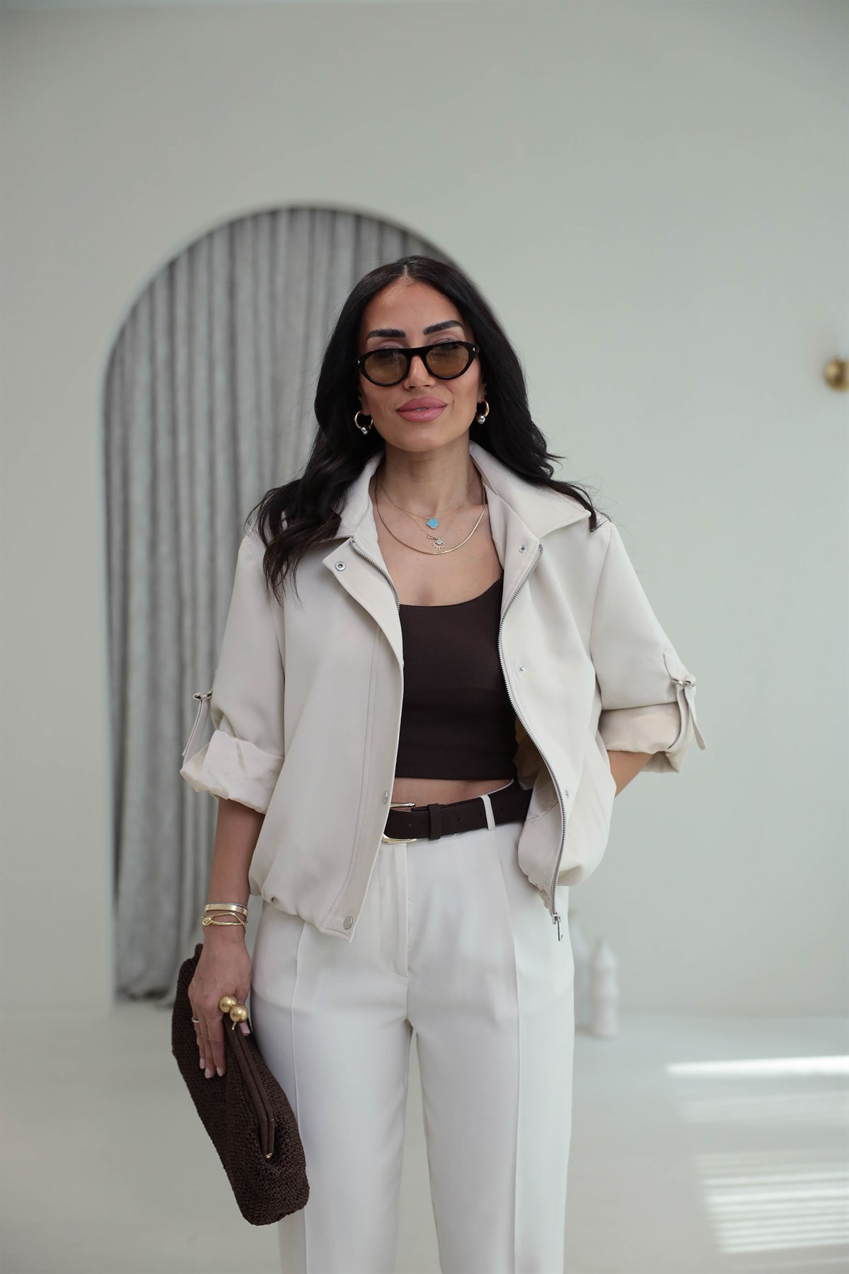 6341 Kolu Katlamalı Fermuarlı Çıtçıtlı Ceket TAŞ