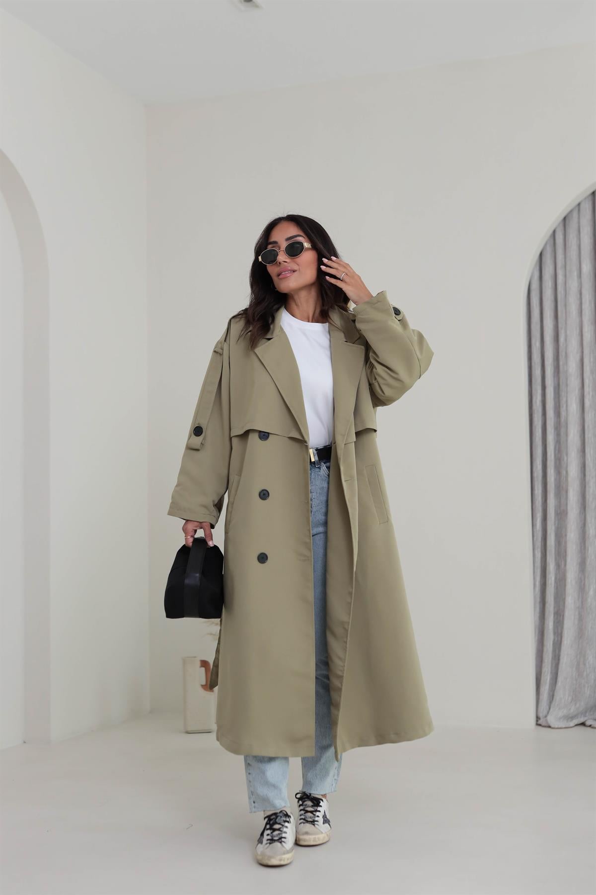 2020 Apoletli Kuşaklı Uzun Trençkot HAKİ YEŞİL