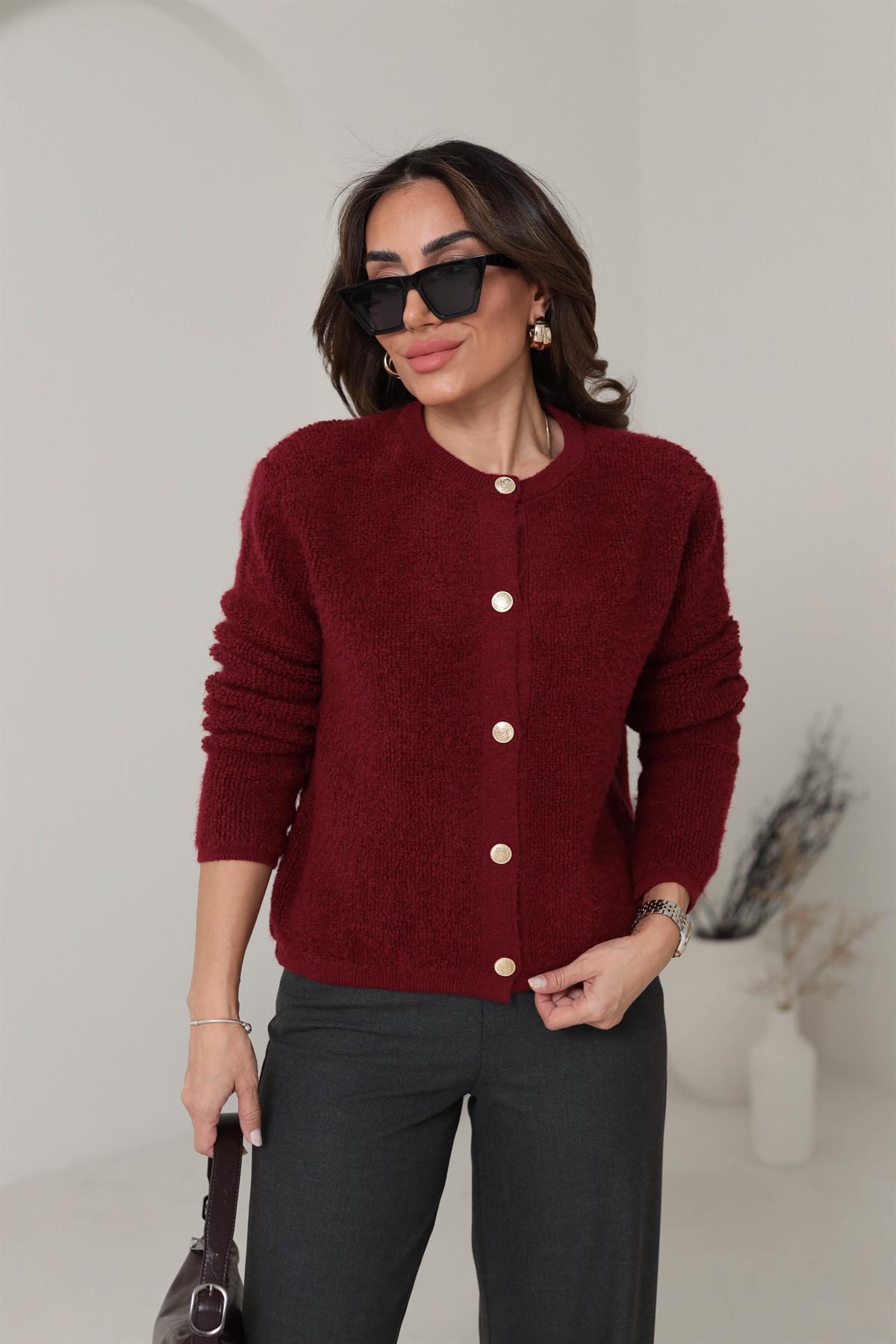 371 Gold Düğmeli Teddy Hırka BORDO