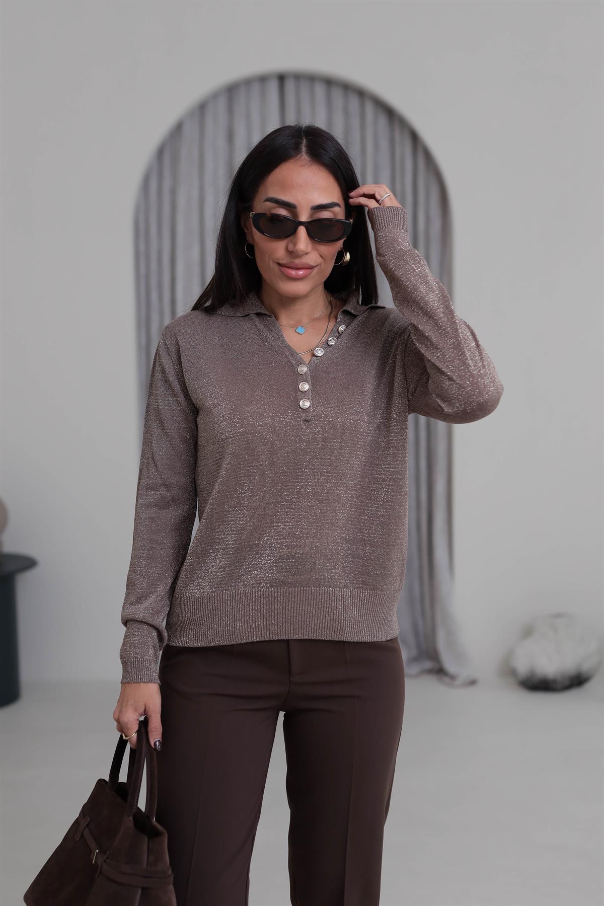 Simli Polo Yaka Bluz VİZON