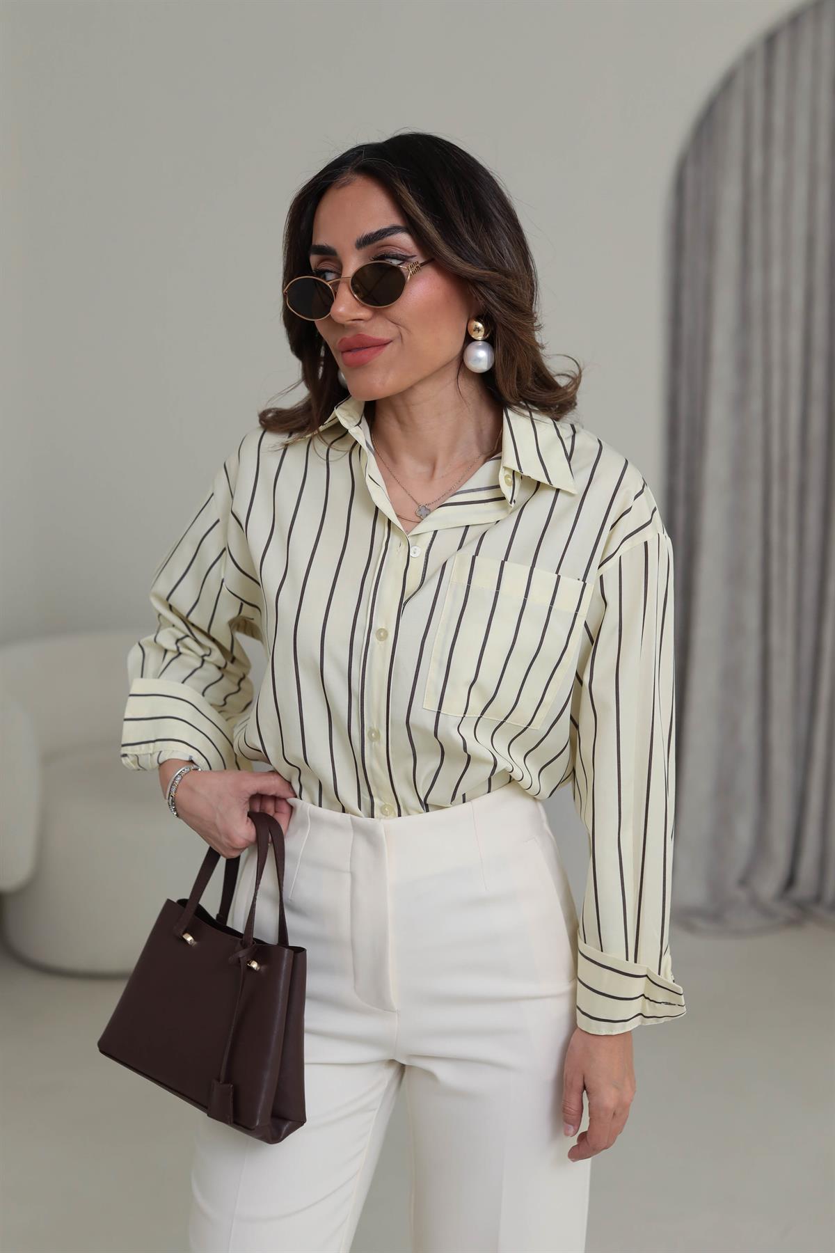 3142 Çizgili Cep Detaylı Poplin Gömlek SARI