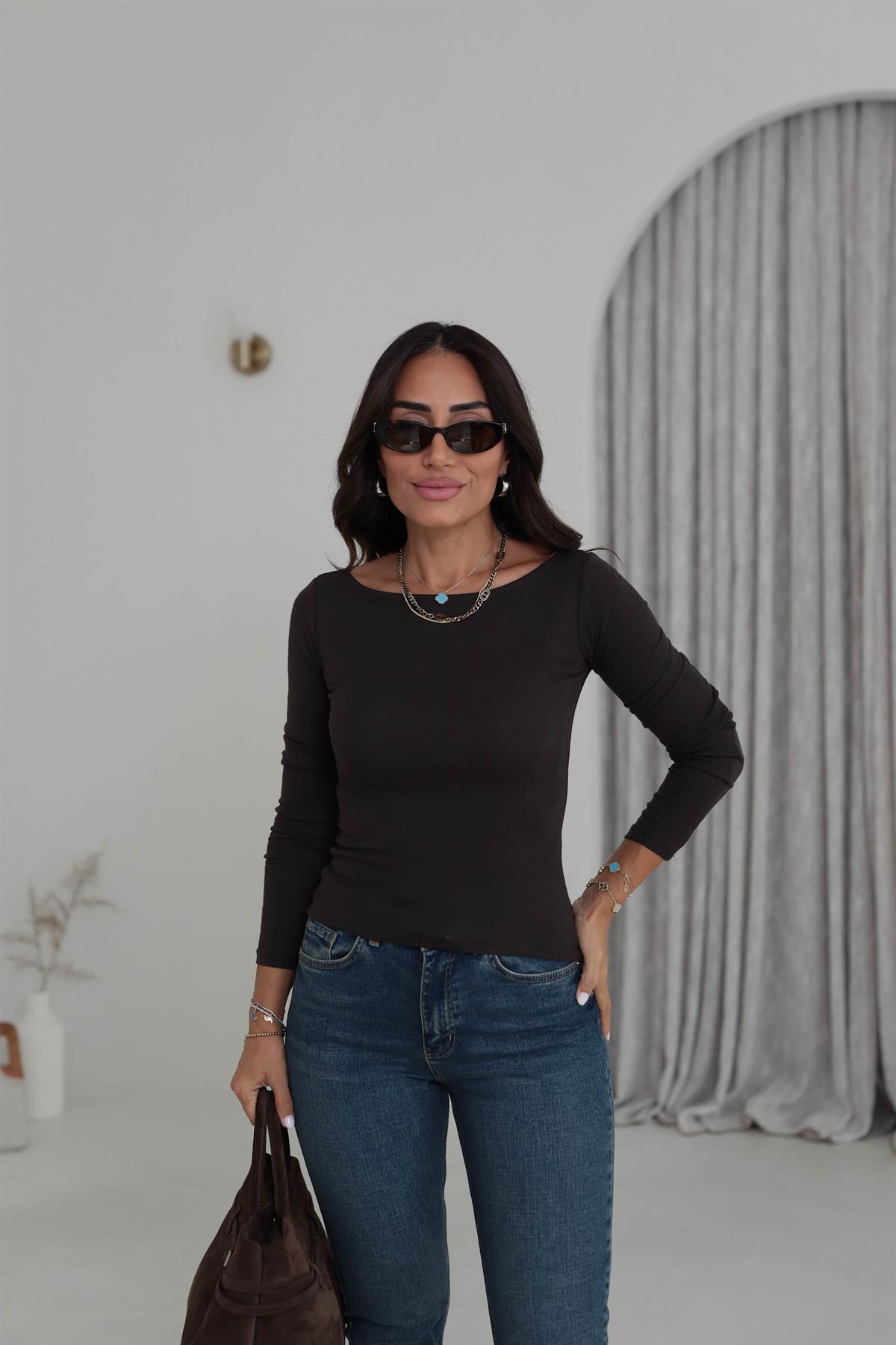 1332 Kayık Yaka Uzun Kollu Bluz ACI KAHVE
