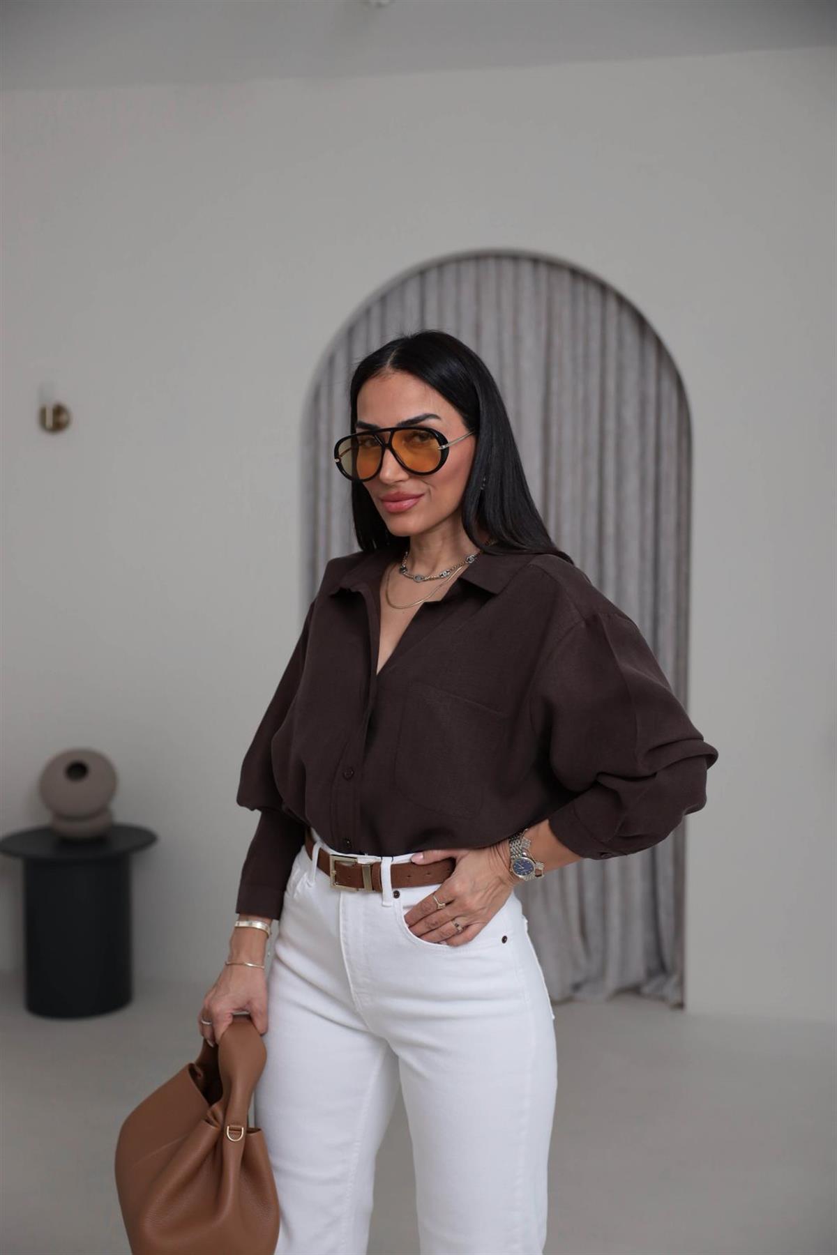 8454 Düşük Omuz Salaş Gömlek KAHVE