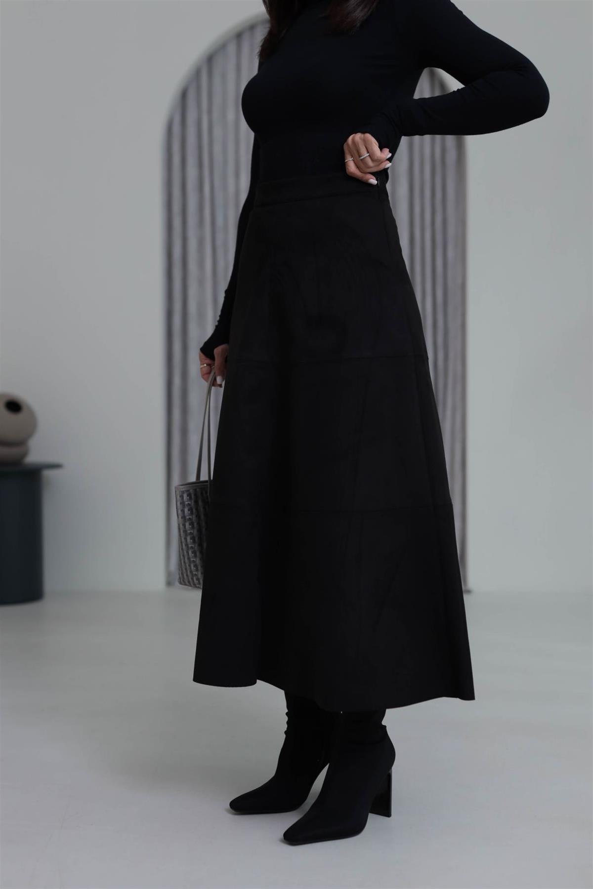 7547 Midi Boy Yüksek Bel Süet Etek SİYAH