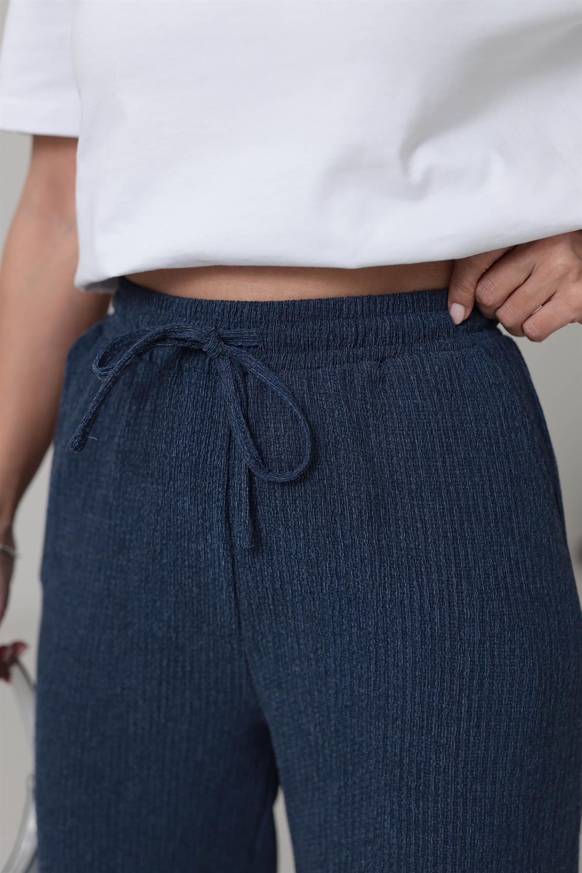 6525 Beli Lastikli Bürümcük Kumaş Rahat Pantolon LACİVERT