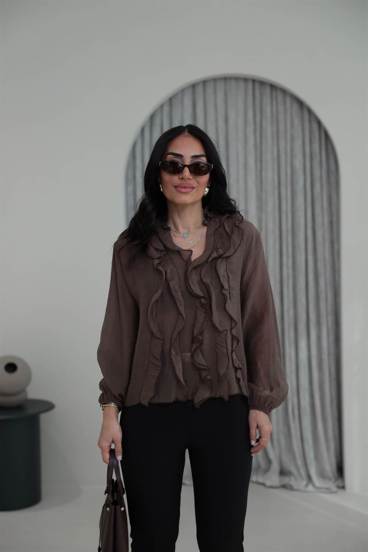 5023 Yaka Fırfırlı Liyosel Bluz KAHVE