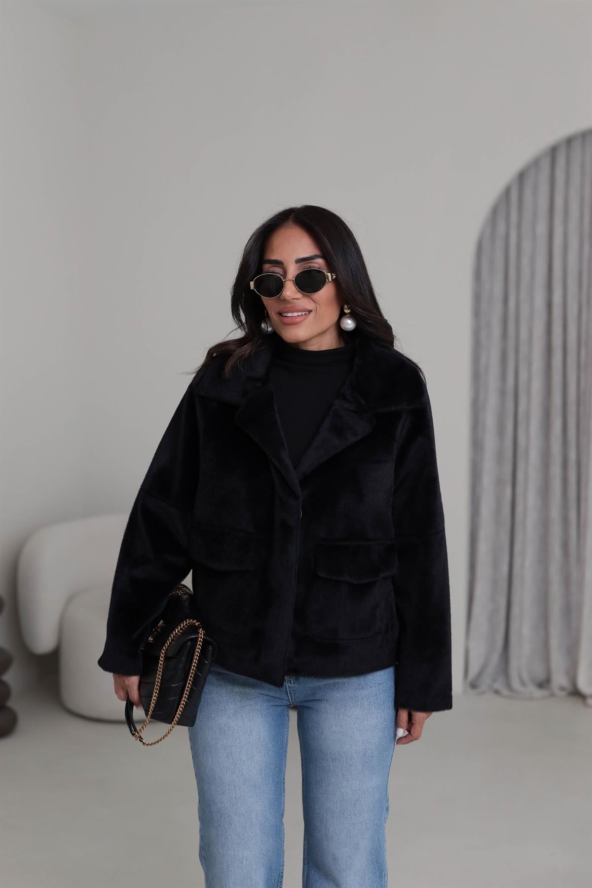 2731 Çıtçıtlı Cep Detaylı Alpaka Mont SİYAH