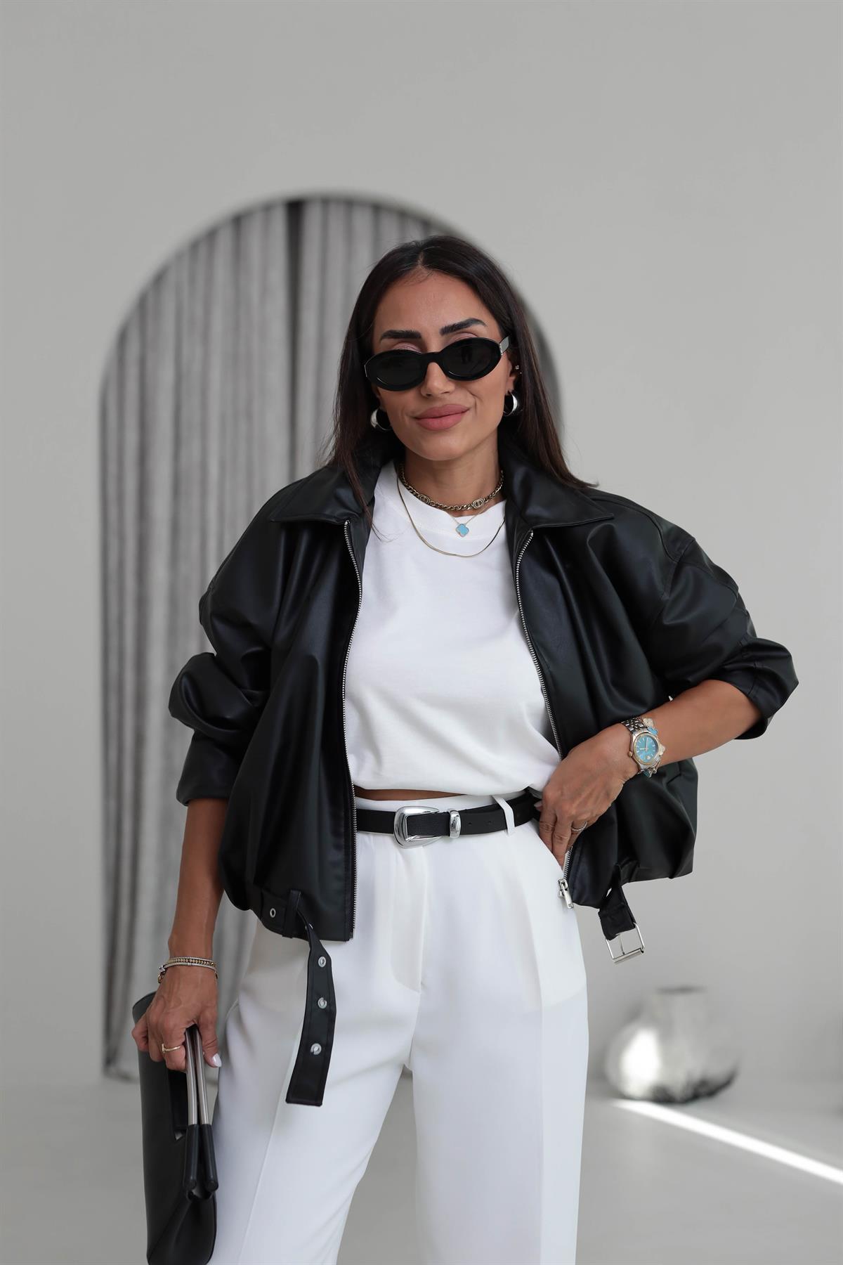 3137 Kemer Detaylı Fermuarlı Deri Ceket SİYAH