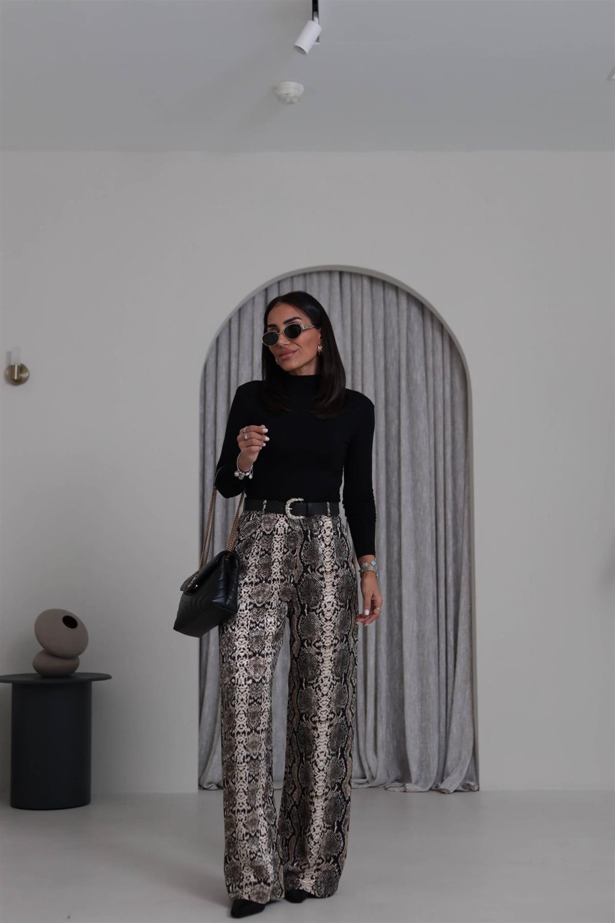 1138 Yılan Desenli Kemerli Saten Pantolon SİYAH-KAHVE