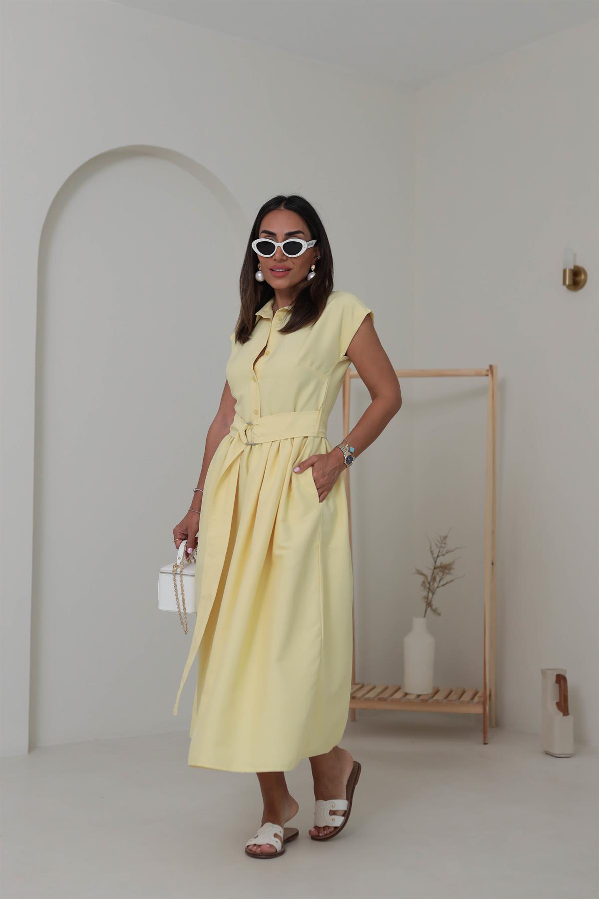501 Polo Yaka Düğmeli Kuşaklı Uzun Elbise SARI