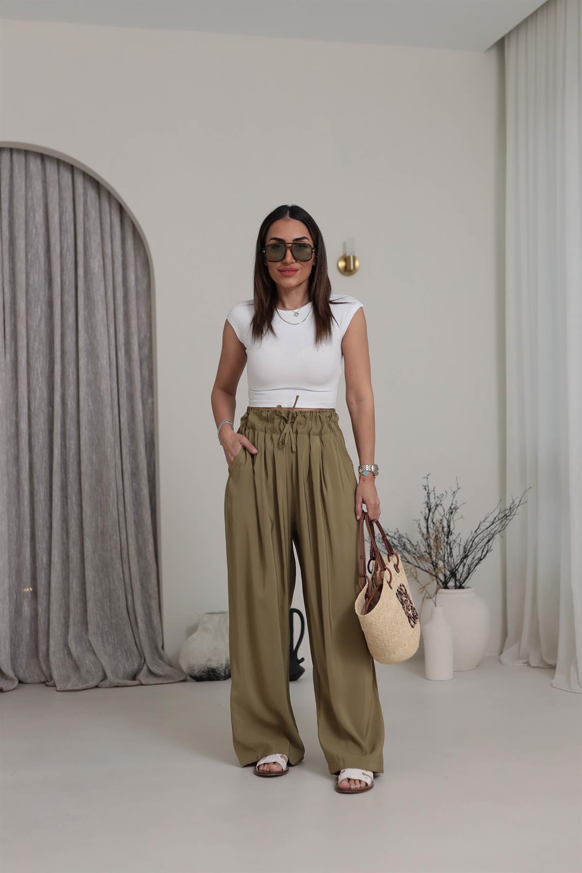 0165 Yüksek Bel Lastikli Bol Paça Tencel  Pantolon HAKİ YEŞİL