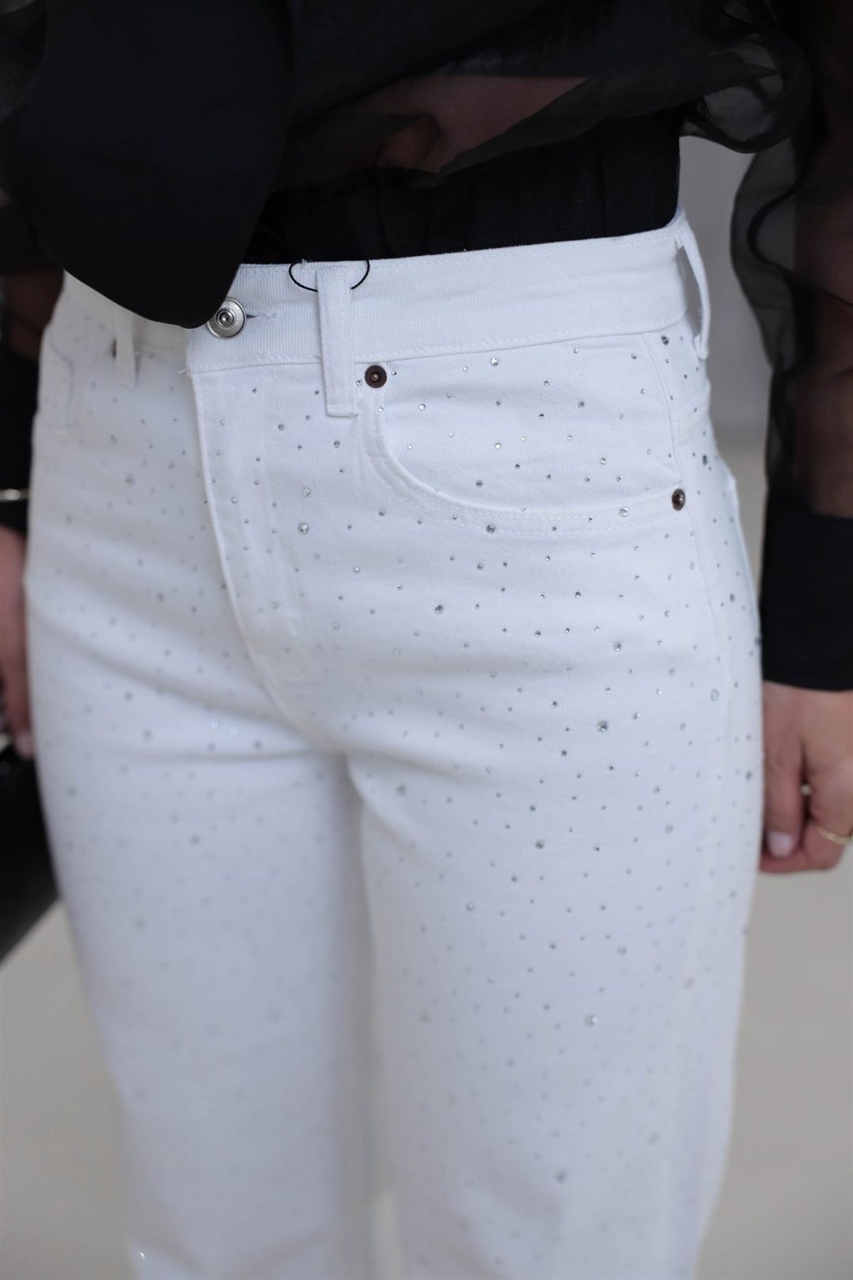 Taşlı Yüksek Bel Likralı Wide Leg Jean BEYAZ