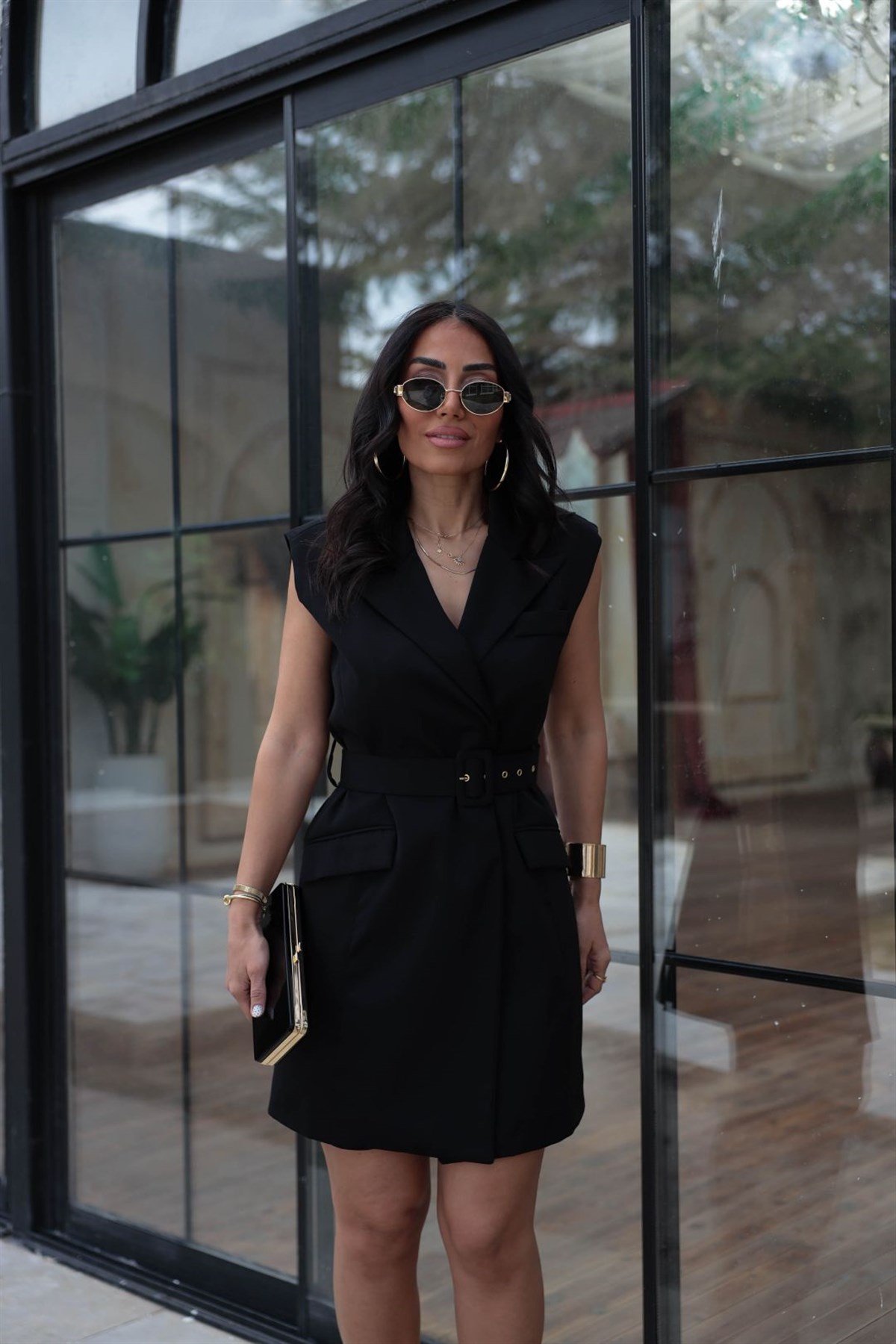 7281 Beli Kemerli Mini Elbise SİYAH