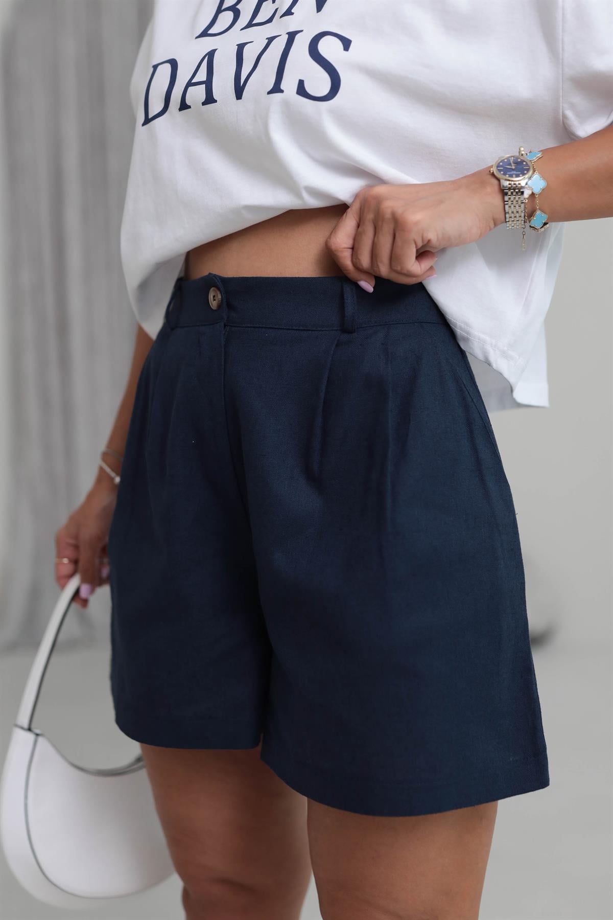 1665 Keten Geniş Paça Şort LACİVERT