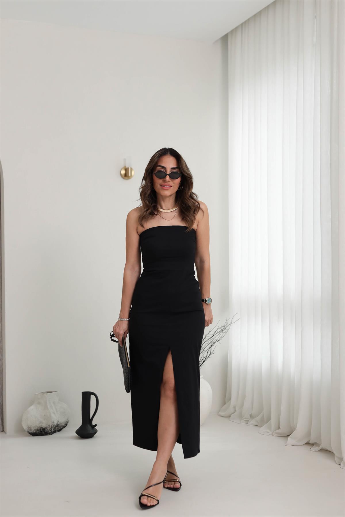 0758 Likralı Yırtmaç Detaylı Straplez Elbise SİYAH