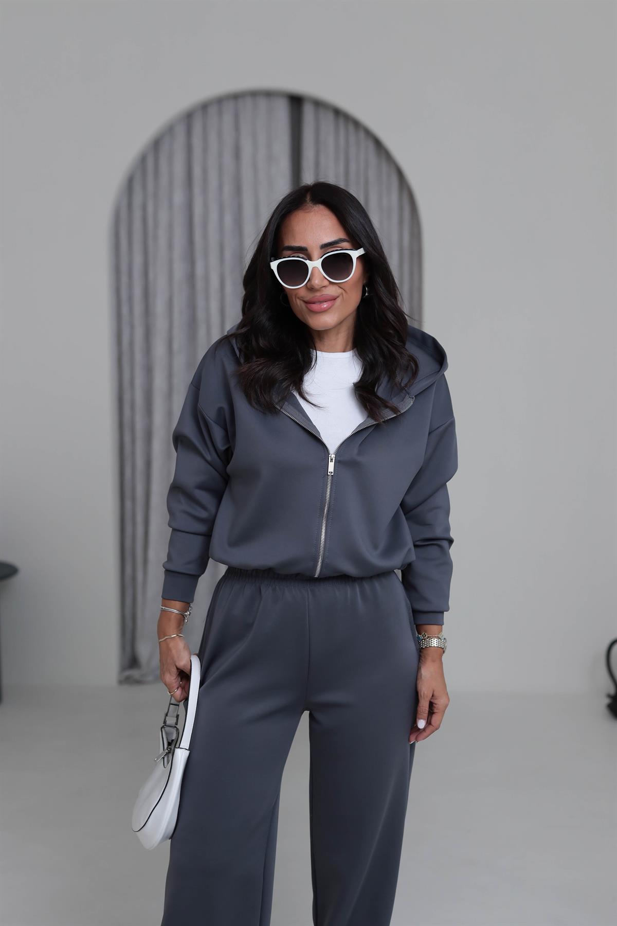 4202 Kapşonlu Büzgü Detay Scuba Takım ANTRASİT