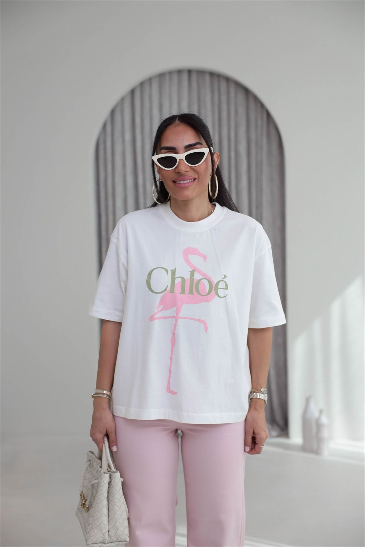 1016 Pembe Kuğulu Pamuklu Tshirt KREM