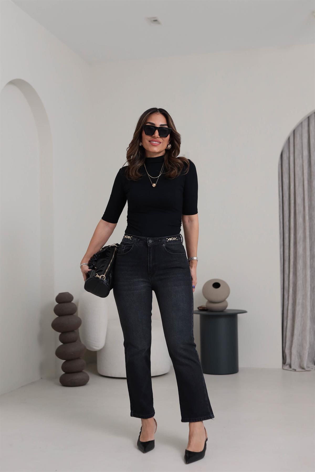 1752 Yüksek Bel Zincir Aksesuar detaylı Pantolon FÜME