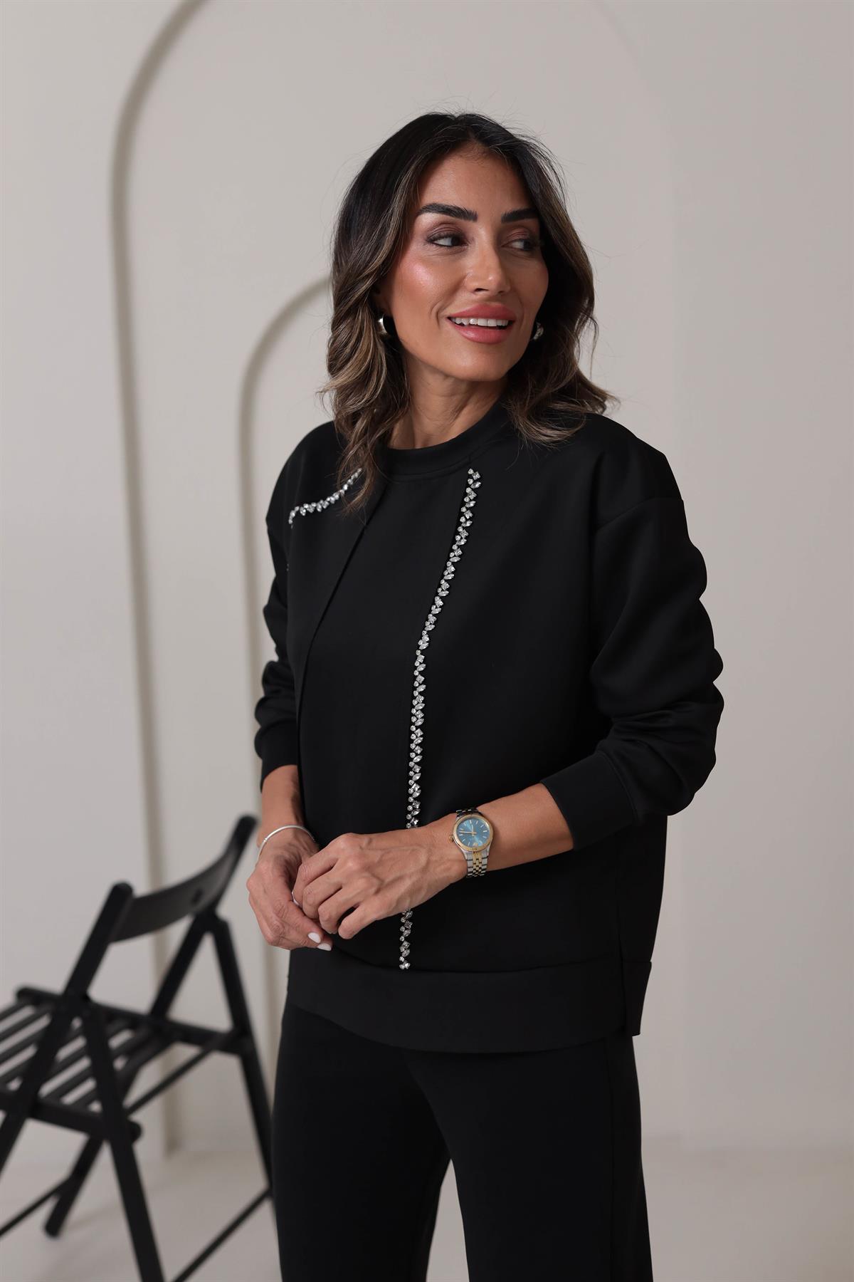 5368 Taş İşlemeli Scuba Kumaş Sweatshirt