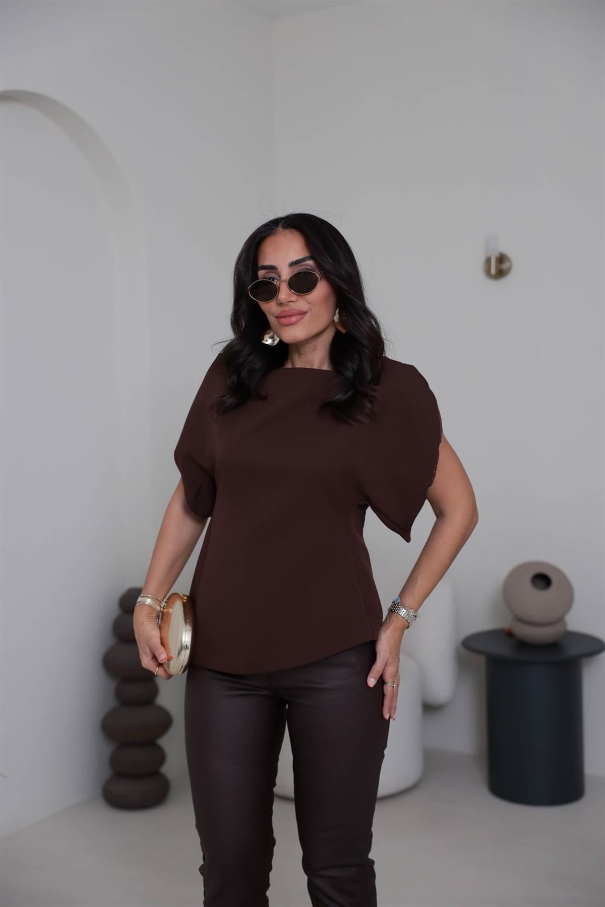 Balon Kol Asimetrik Bluz KAHVE