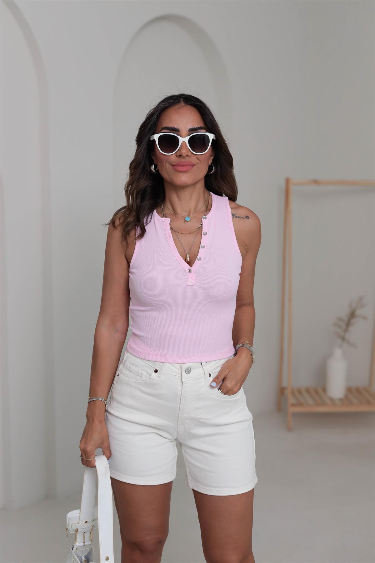 1005 Yıkama Efektli Düğmeli Crop Top PEMBE