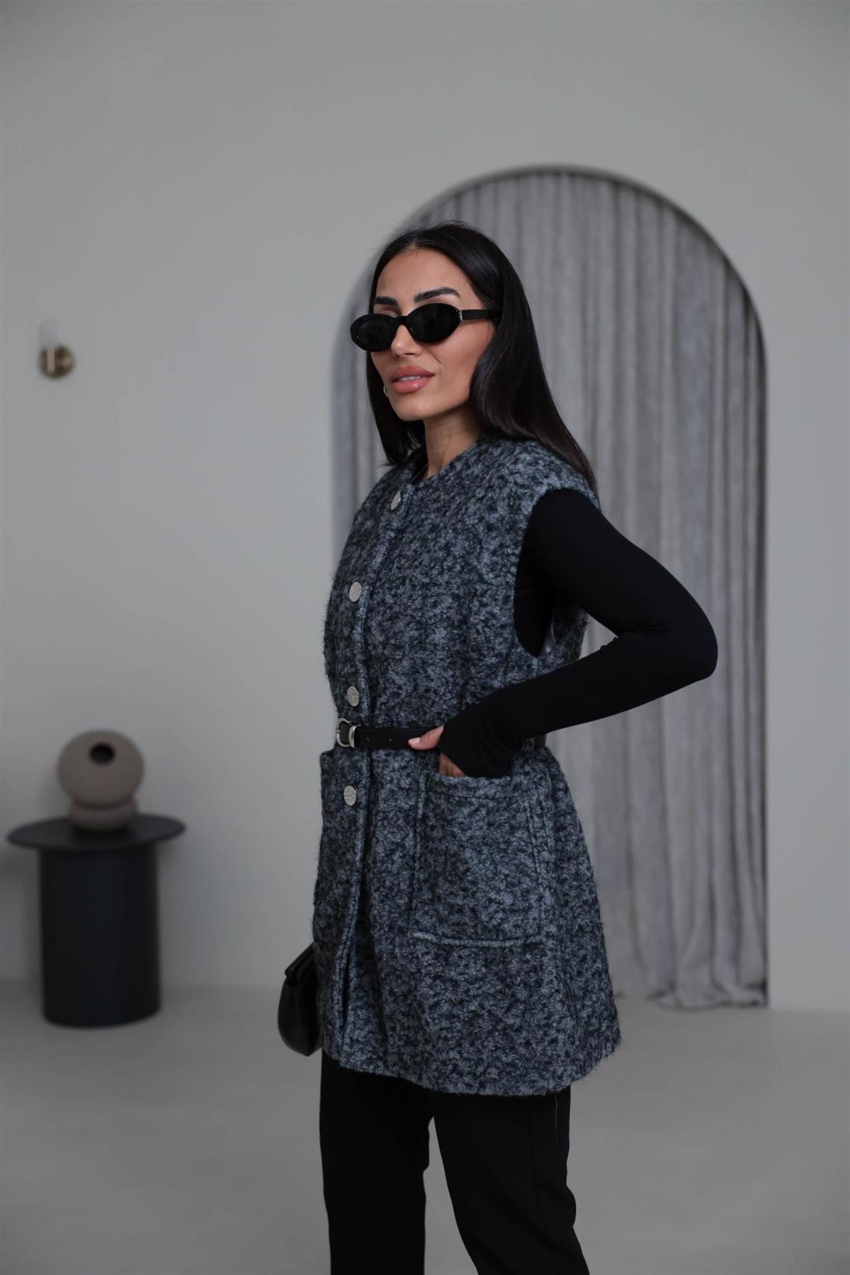 9187 Düğme Ve Kemer Detay Buklet Yelek ANTRASİT